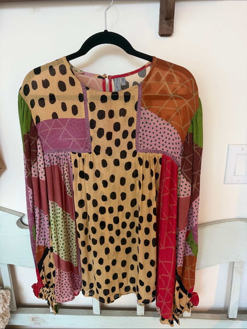 Anthropologie Multicolor Patchwork Blouse — Tan, Pink, Green, Rust
